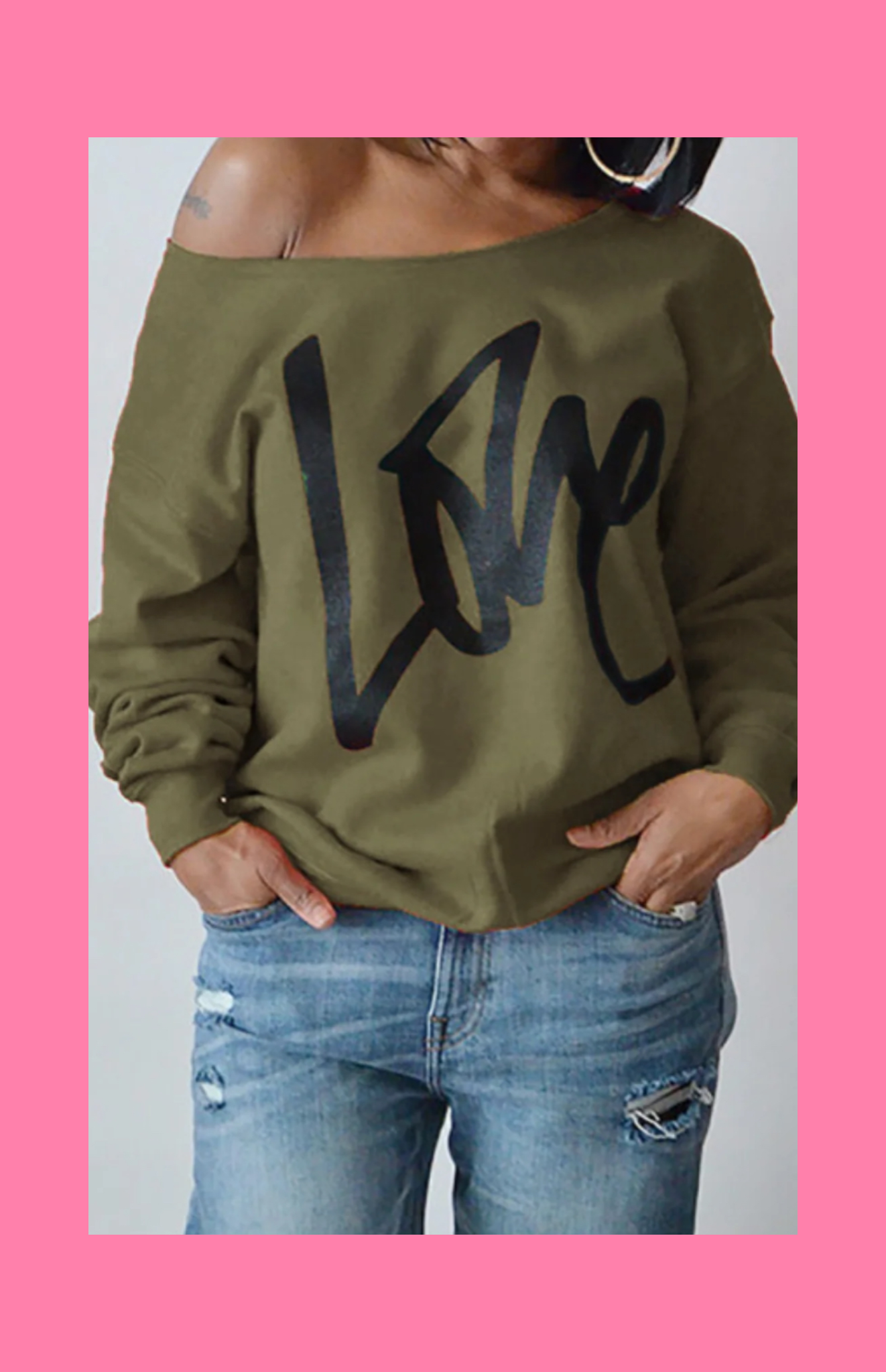 Green love off shoulder sweatshirt top