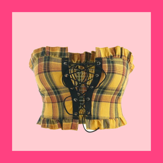 Spicy Sunflower plaid tie up crop top