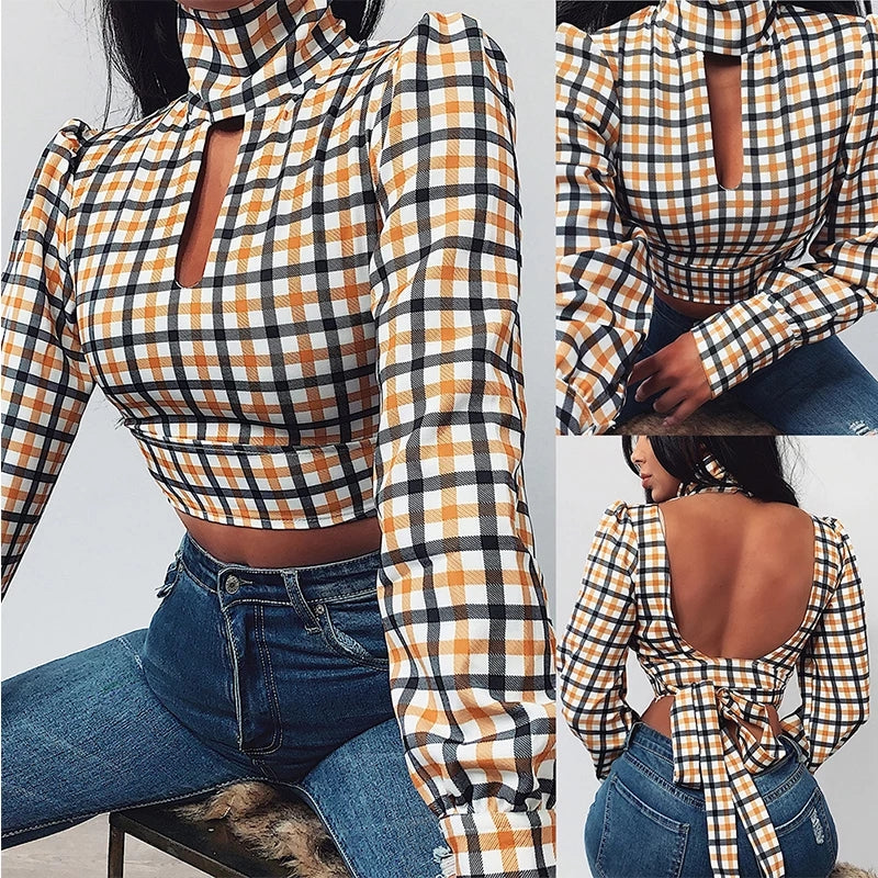 Plaid Backless tie back top - GahdessBoutique