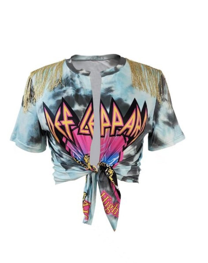 Def Leppard tassled cropped tie up tee